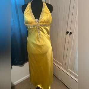 Yellow beaded halter gown with train